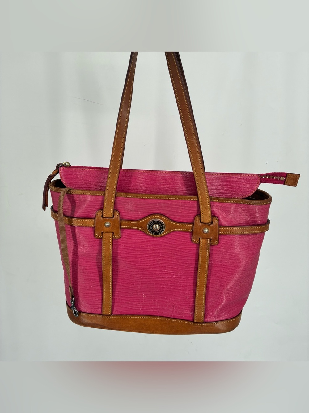 Dooney & Bourke Pink and Tan Wavy Textured Logo Lock Shoulder Bag Purse Tote